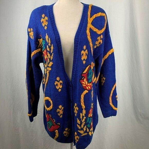 Vintage 80s Hand Knitted Cardigan Sweater M Blue Crest Shoulder Pads Embroidered - Picture 2 of 9